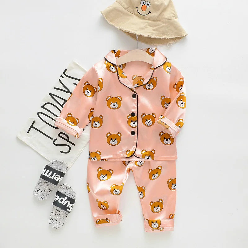 Boys and girls' 0-4-year-old Pajama suit new spring and autumn silk long sleeve trousers Pajama suit comfortable home clothes