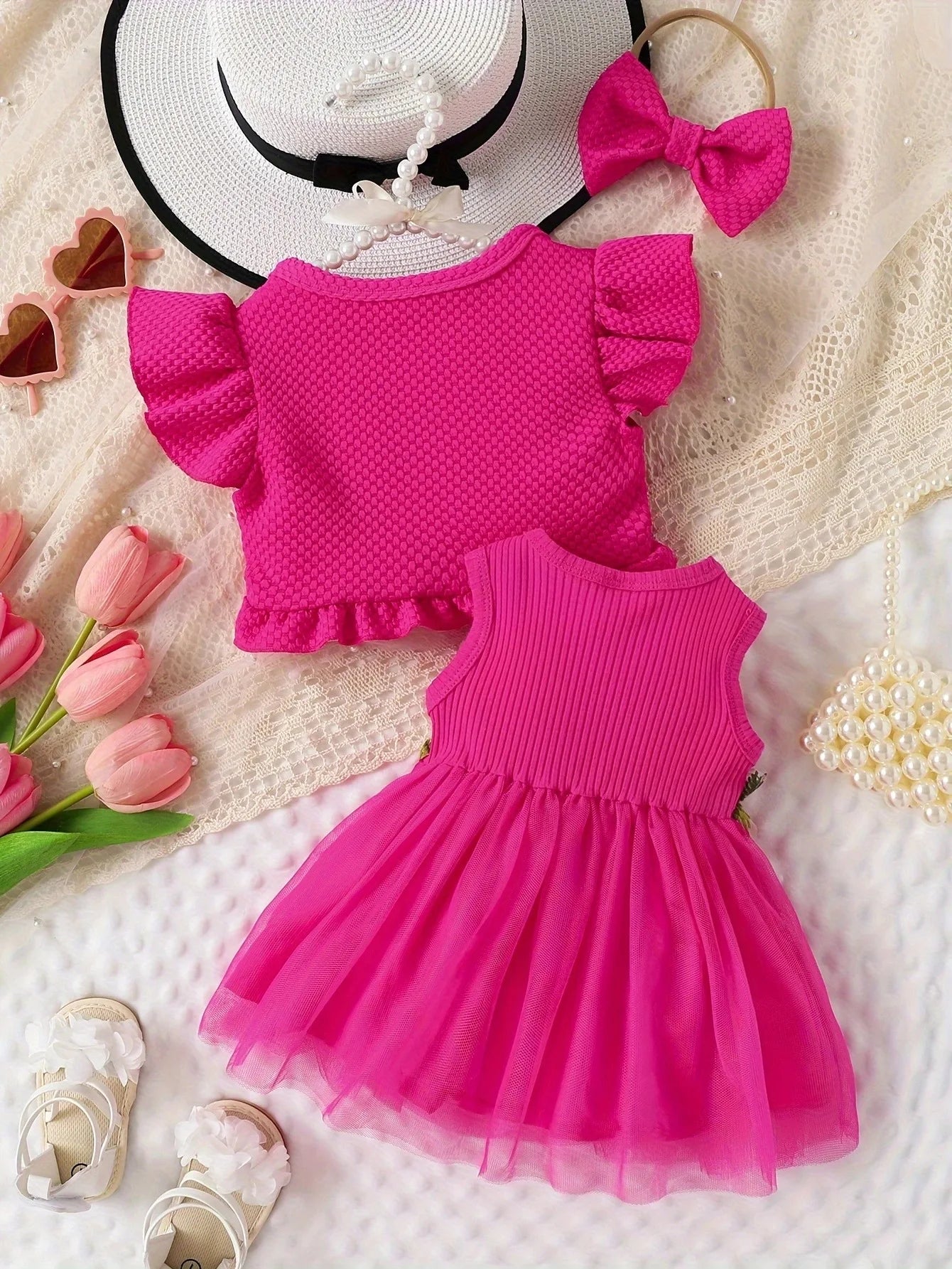 Baby Baby Baby Summer Style Waist Flower Vest Mesh Dress Jacket Hair Accessories