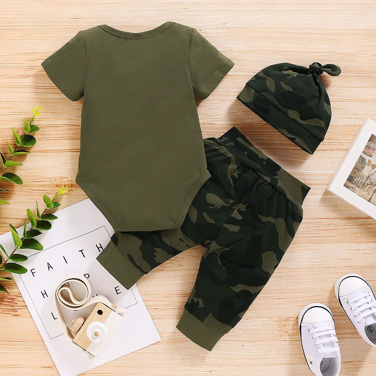 0-18 Months Newborn Baby Boy Clothes Set Letter Print Short Sleeve Bodysuit+Camouflage Pants+Hat 3PCS Toddler Boy Summer Outfits