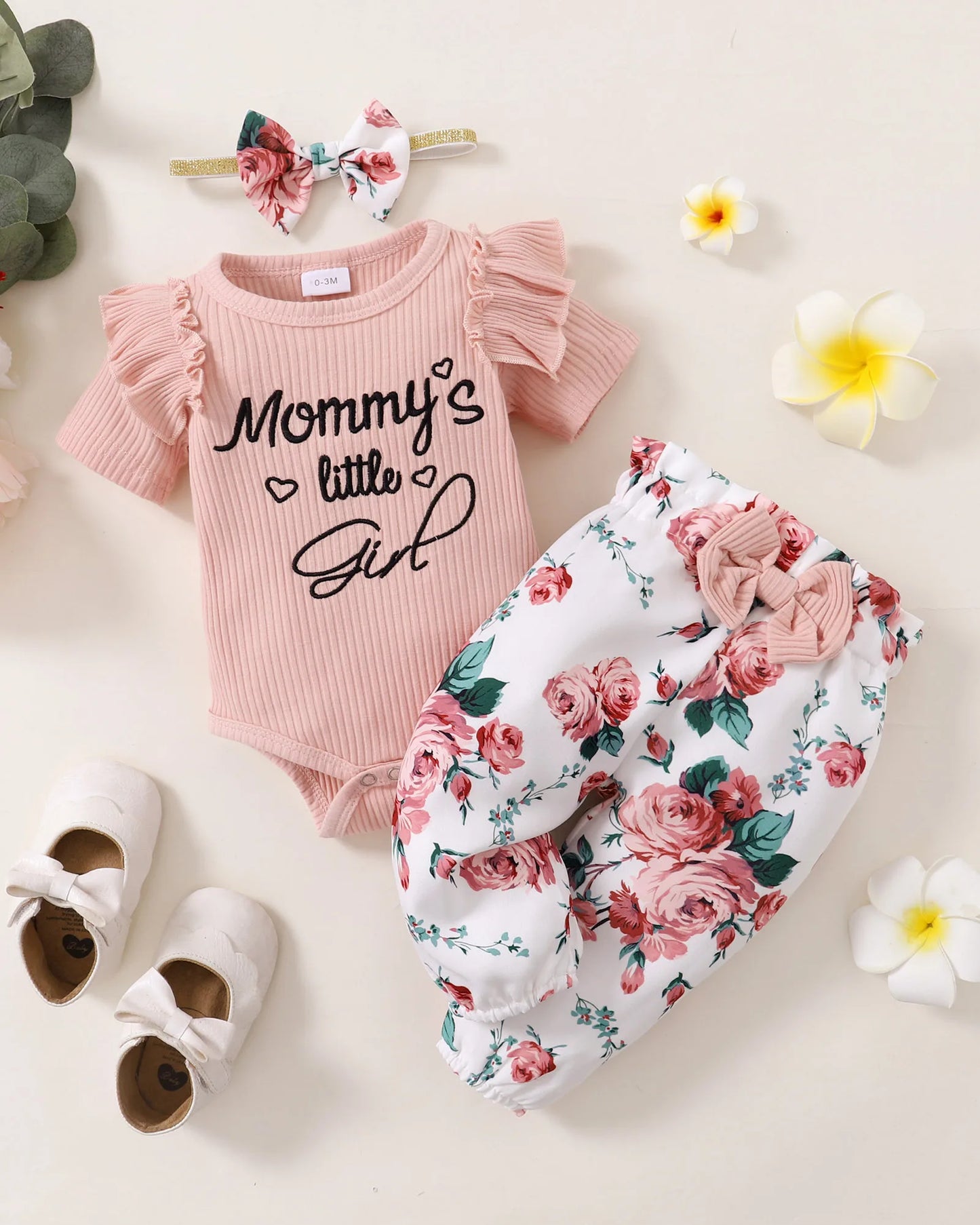 Newborn Baby Girl 3PCS Clothes Set Mommy's Little Girl Short Sleeve Romper+Flowers Pant+Headband Summer Outfit for 0-18 Months