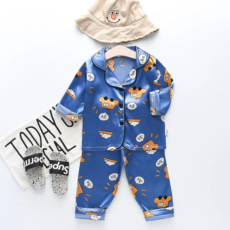 Boys and girls' 0-4-year-old Pajama suit new spring and autumn silk long sleeve trousers Pajama suit comfortable home clothes