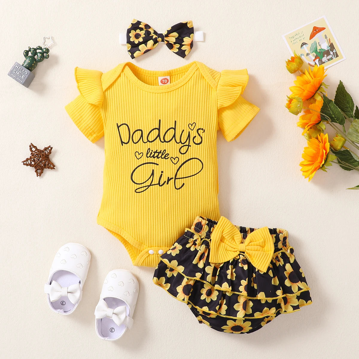 Summer Newborn Baby Girl Clothes Set Yellow Ruffled Ribbed Bodysuit Floral Shorts Headband Infant Fashion 3Pcs Clothing Set