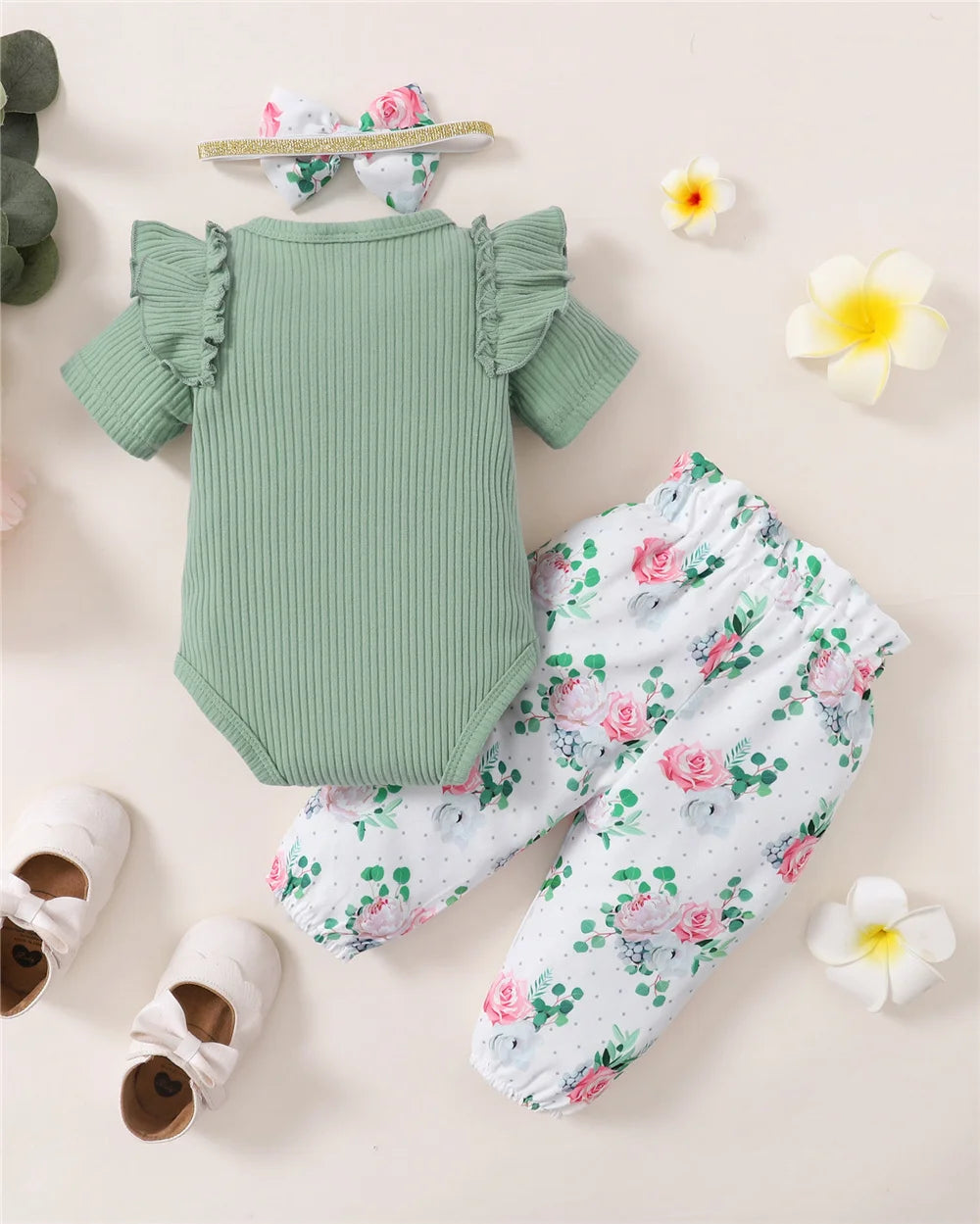 Newborn Baby Girl 3PCS Clothes Set Mommy's Little Girl Short Sleeve Romper+Flowers Pant+Headband Summer Outfit for 0-18 Months