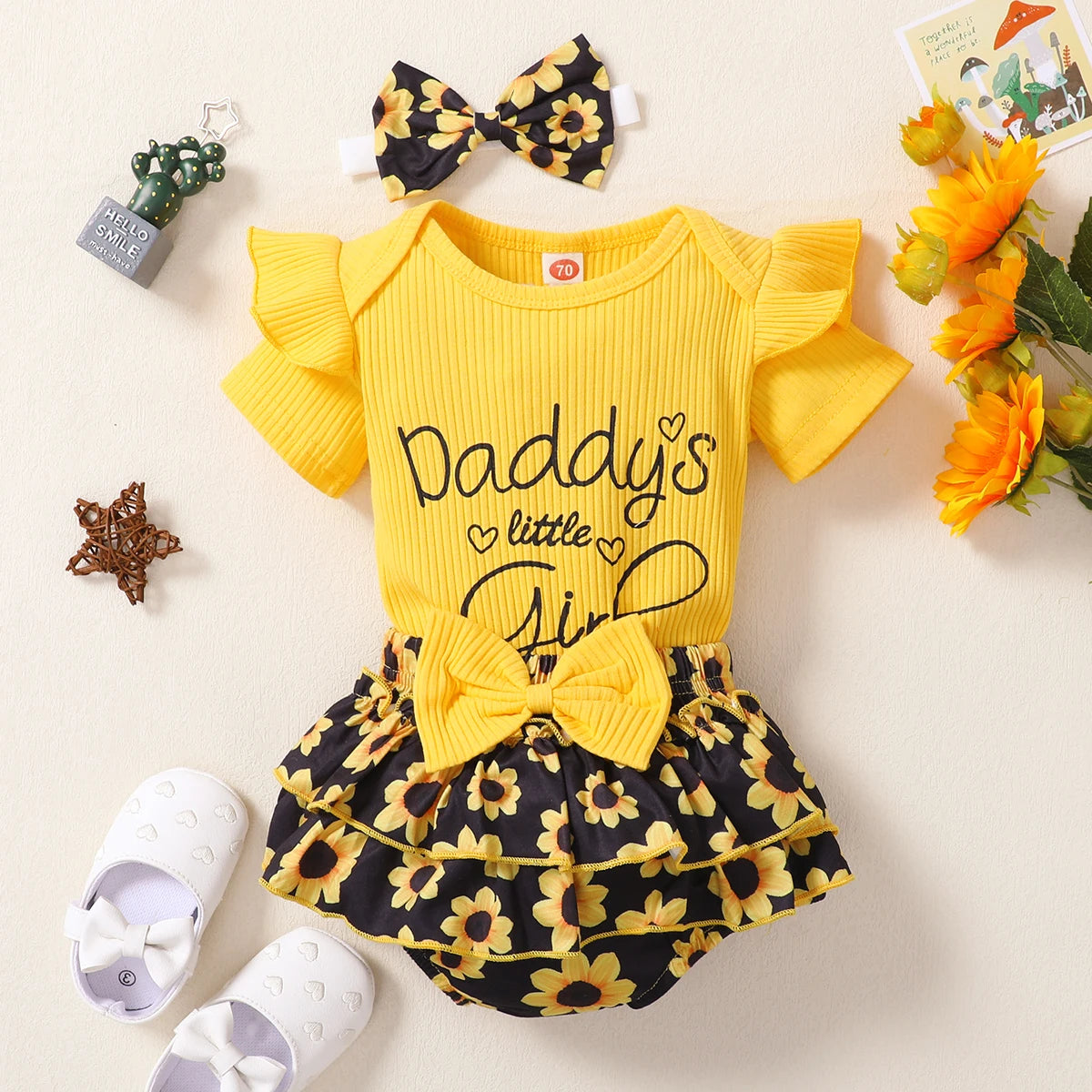 Summer Newborn Baby Girl Clothes Set Yellow Ruffled Ribbed Bodysuit Floral Shorts Headband Infant Fashion 3Pcs Clothing Set