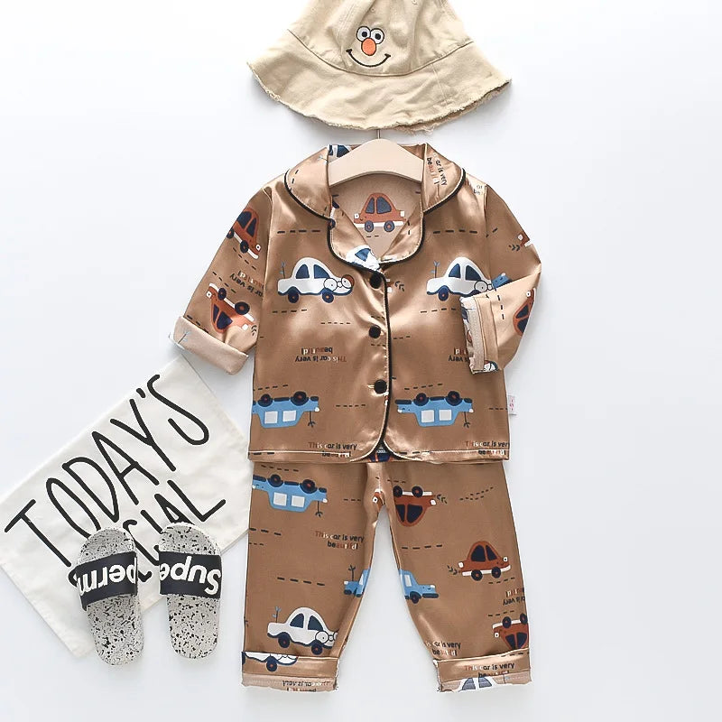 Boys and girls' 0-4-year-old Pajama suit new spring and autumn silk long sleeve trousers Pajama suit comfortable home clothes