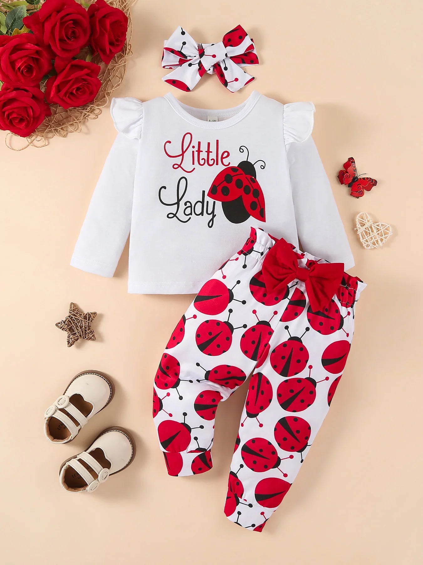 Infant Baby Girl 3Pcs Clothes Set Ladybugs Print Long Sleeve Crew Neck Sweatshirt + Bow Pants + Headband