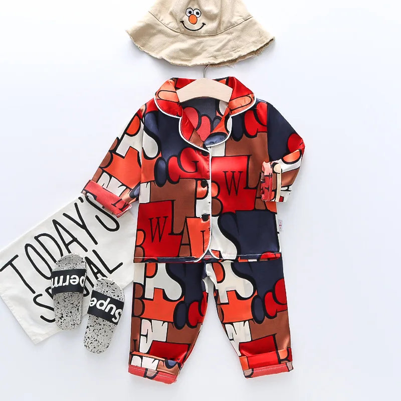 Boys and girls' 0-4-year-old Pajama suit new spring and autumn silk long sleeve trousers Pajama suit comfortable home clothes