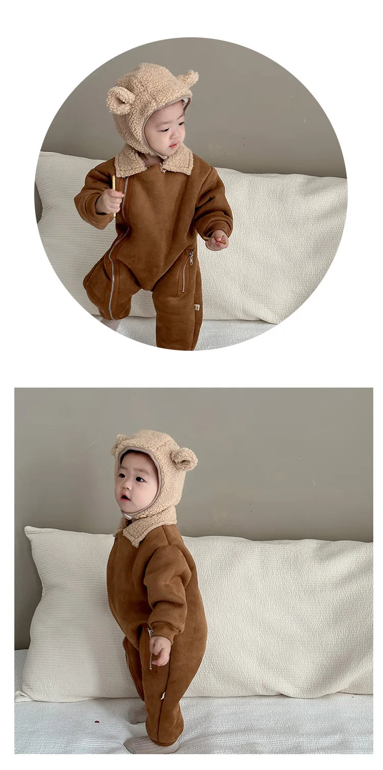 Autumn Winter New Baby Retro Cardigan Fleece Thicken Jumpsuit Girl Infant Solid Plus Velvet One-piece Toddler Boy Cotton Romper