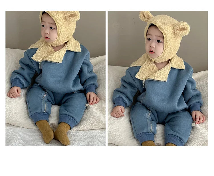 Autumn Winter New Baby Retro Cardigan Fleece Thicken Jumpsuit Girl Infant Solid Plus Velvet One-piece Toddler Boy Cotton Romper