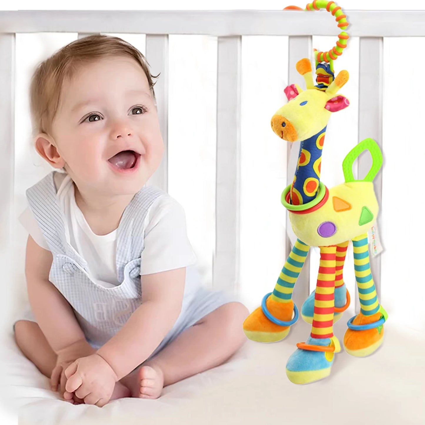 Soft giraffe animal hand bell rattle plush baby walker bed hanging toys baby early education training sensory toys