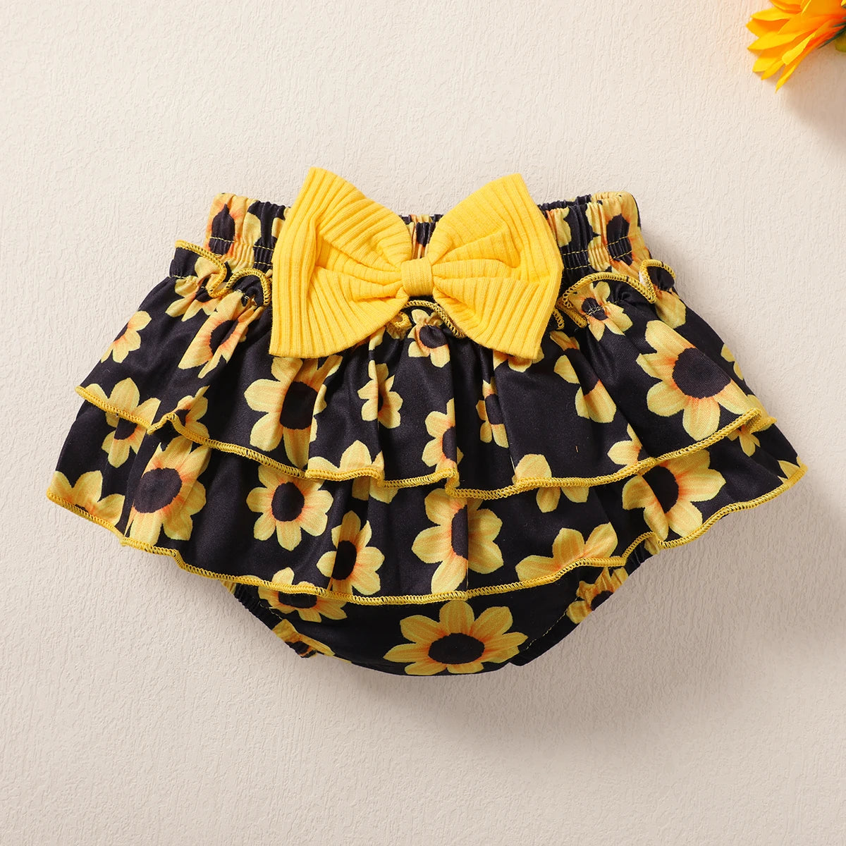 Summer Newborn Baby Girl Clothes Set Yellow Ruffled Ribbed Bodysuit Floral Shorts Headband Infant Fashion 3Pcs Clothing Set