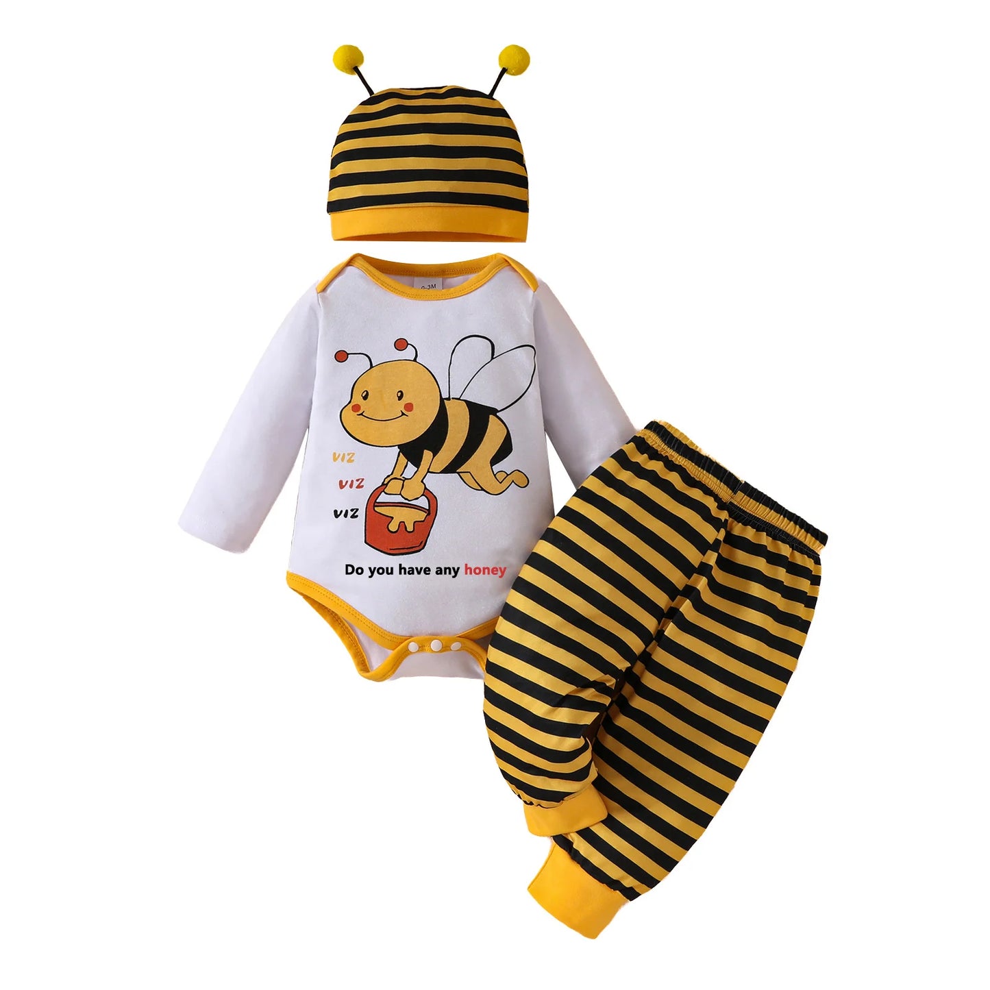 3Pcs cute boys baby girls baby Autumn and winter set Long sleeve Bee letter triangle crawling suit striped pants hat set