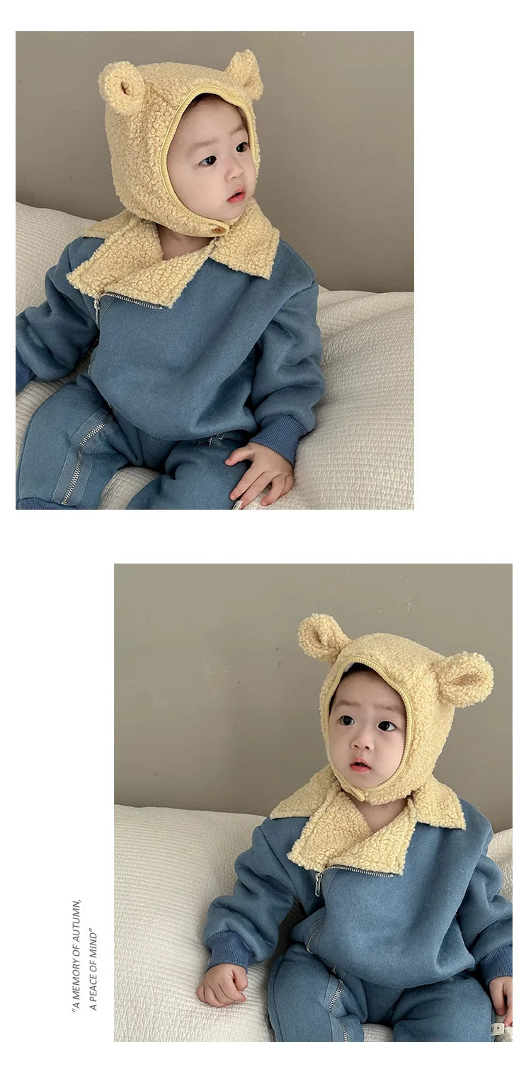 Autumn Winter New Baby Retro Cardigan Fleece Thicken Jumpsuit Girl Infant Solid Plus Velvet One-piece Toddler Boy Cotton Romper