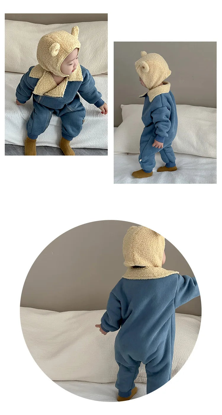 Autumn Winter New Baby Retro Cardigan Fleece Thicken Jumpsuit Girl Infant Solid Plus Velvet One-piece Toddler Boy Cotton Romper