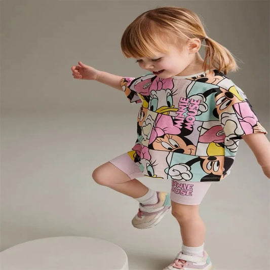 Girls Disney New Suit Summer Children Minnie Daisy Full Print TShirt Shorts 2pcs Cotton Soft Tops Shorts Thin Short-sleeved Sets