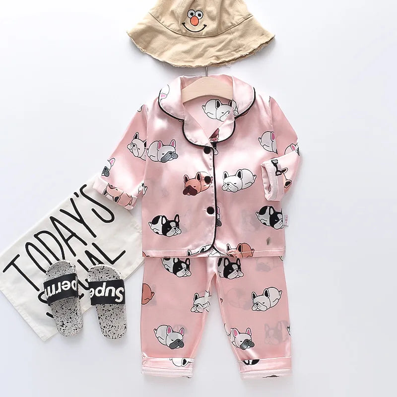 Boys and girls' 0-4-year-old Pajama suit new spring and autumn silk long sleeve trousers Pajama suit comfortable home clothes