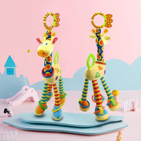 Soft giraffe animal hand bell rattle plush baby walker bed hanging toys baby early education training sensory toys