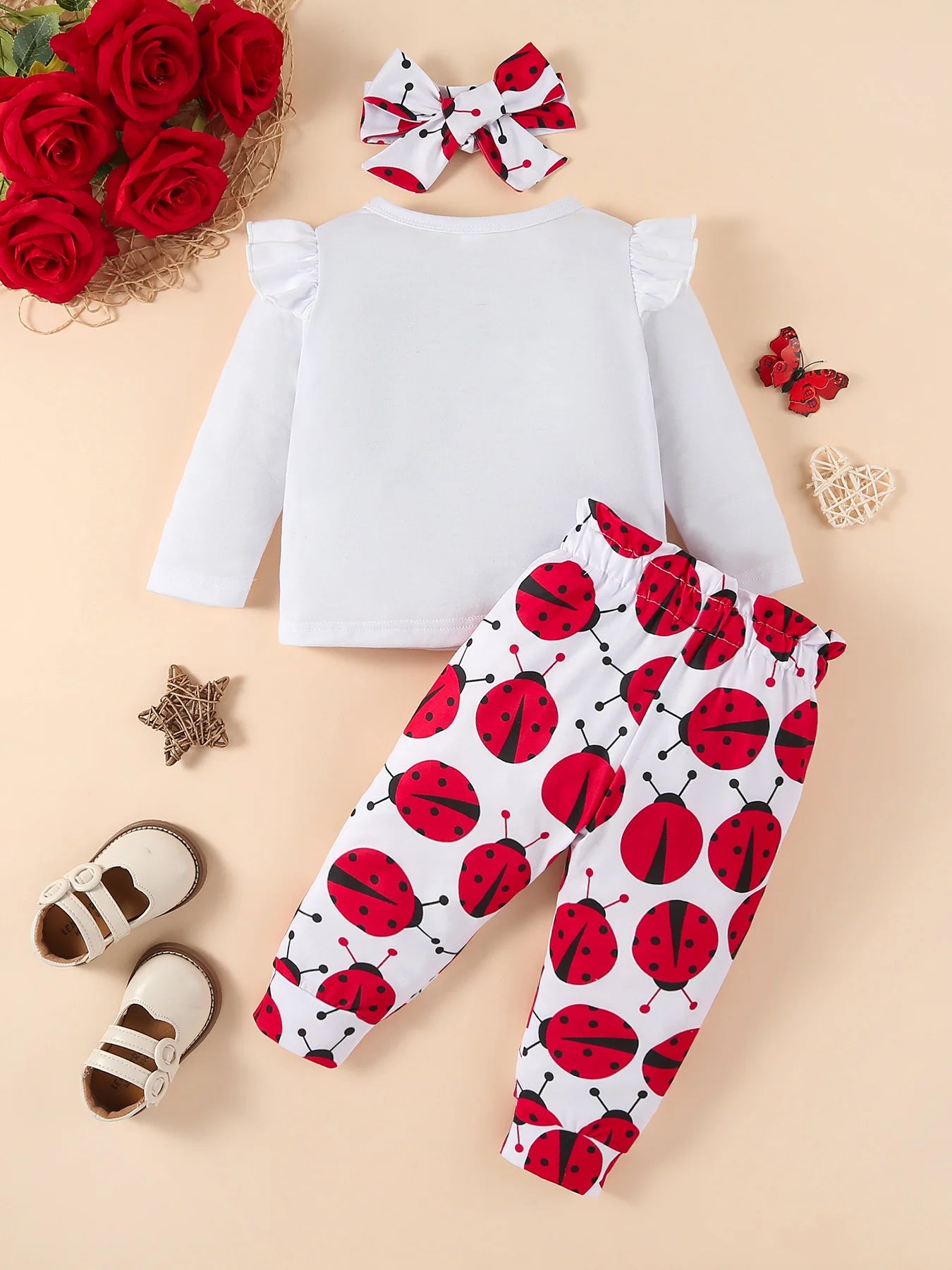 Infant Baby Girl 3Pcs Clothes Set Ladybugs Print Long Sleeve Crew Neck Sweatshirt + Bow Pants + Headband