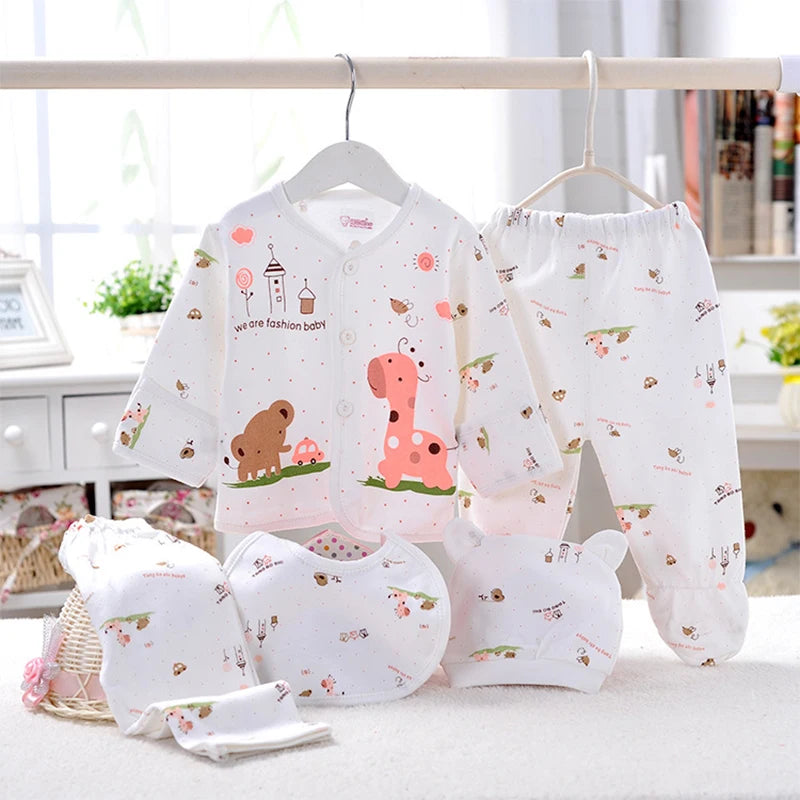 5Piece Spring Fall Baby Girl Clothes Toddler Boy Clothing Casual Cartoon Cute Letter Tops+Pants+Hat Newborn Hospital Set BC1150