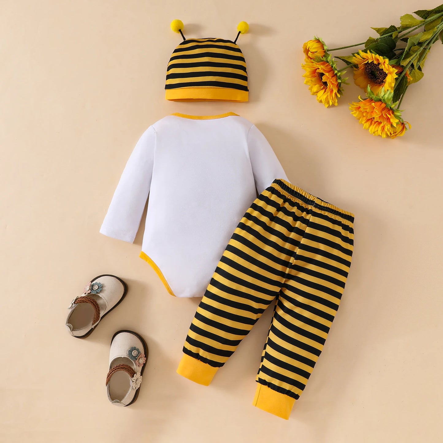 3Pcs cute boys baby girls baby Autumn and winter set Long sleeve Bee letter triangle crawling suit striped pants hat set