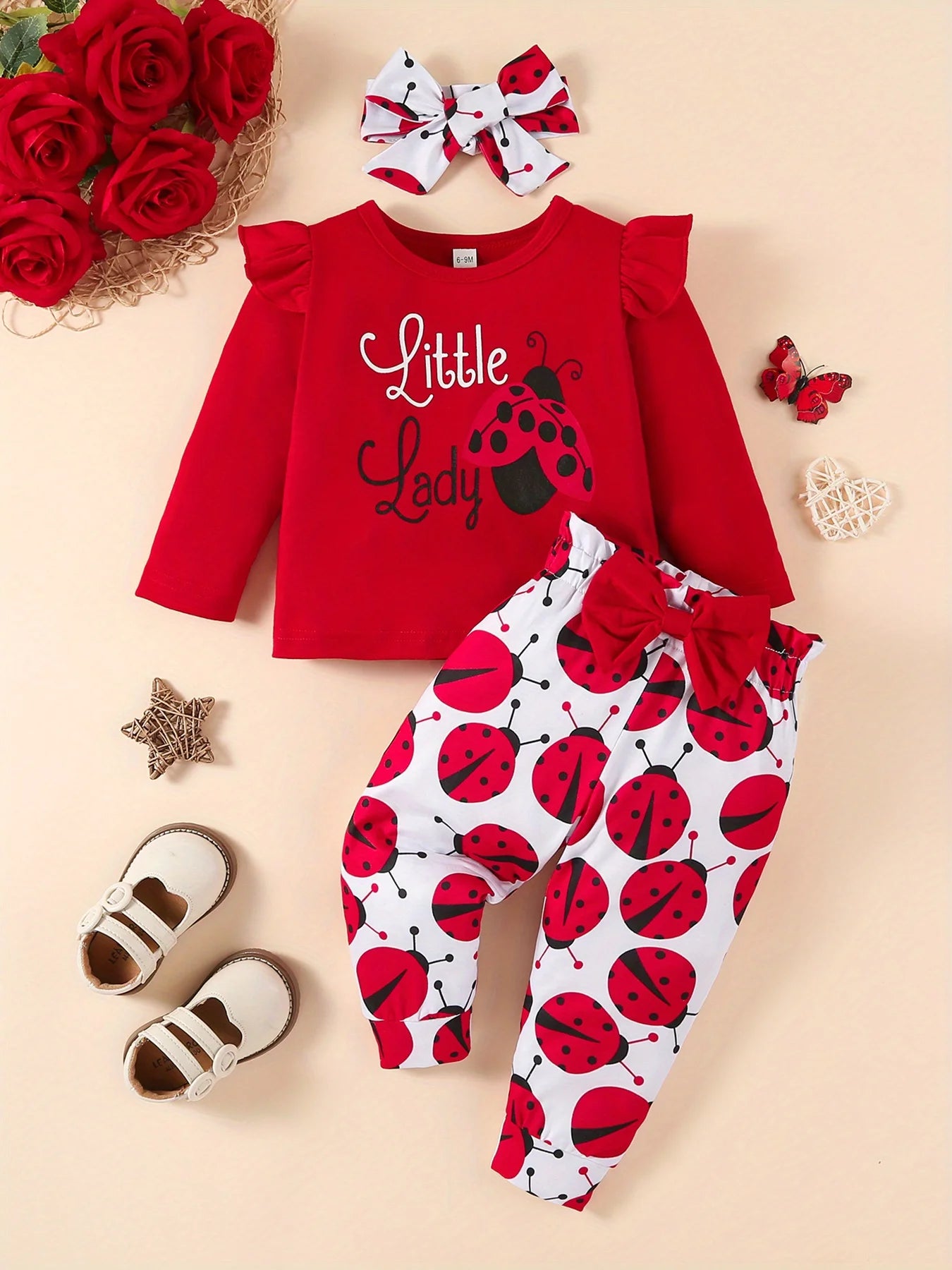 Infant Baby Girl 3Pcs Clothes Set Ladybugs Print Long Sleeve Crew Neck Sweatshirt + Bow Pants + Headband