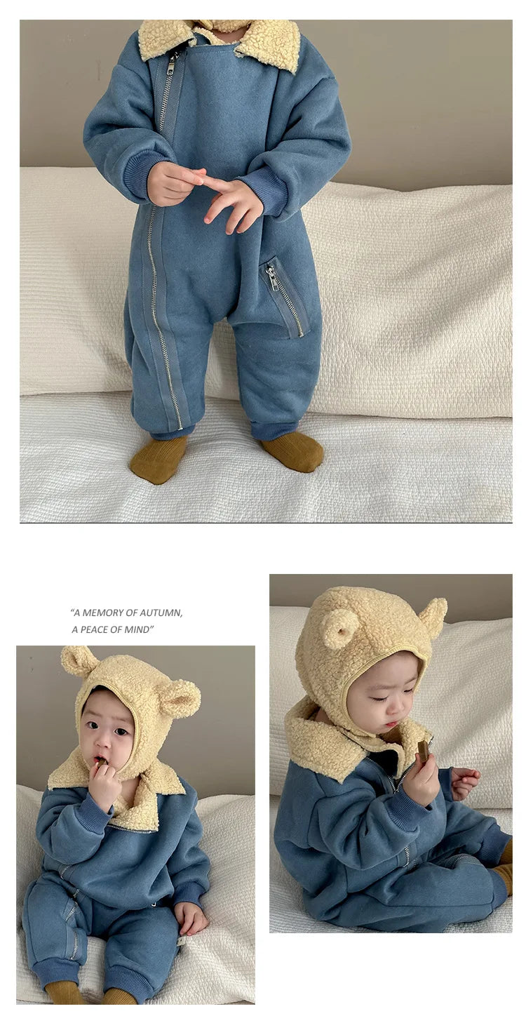 Autumn Winter New Baby Retro Cardigan Fleece Thicken Jumpsuit Girl Infant Solid Plus Velvet One-piece Toddler Boy Cotton Romper