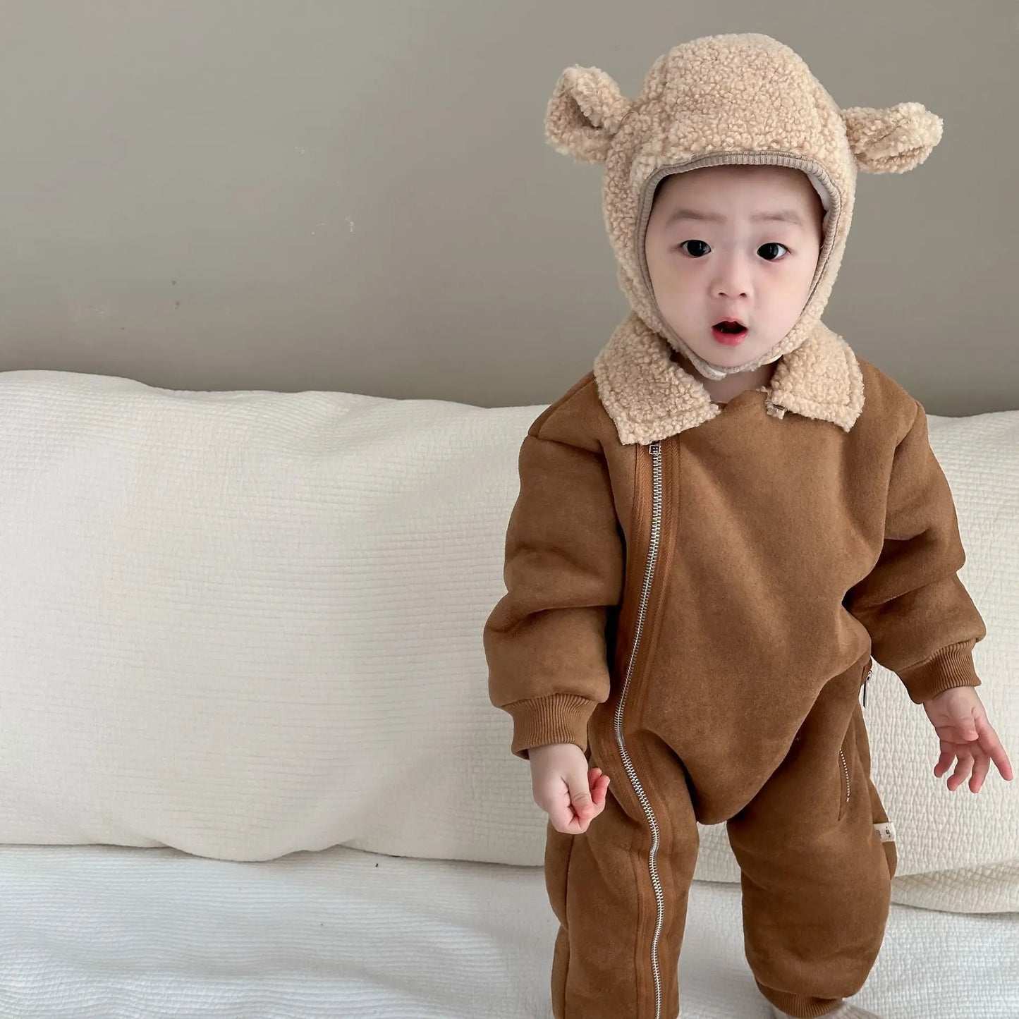 Autumn Winter New Baby Retro Cardigan Fleece Thicken Jumpsuit Girl Infant Solid Plus Velvet One-piece Toddler Boy Cotton Romper