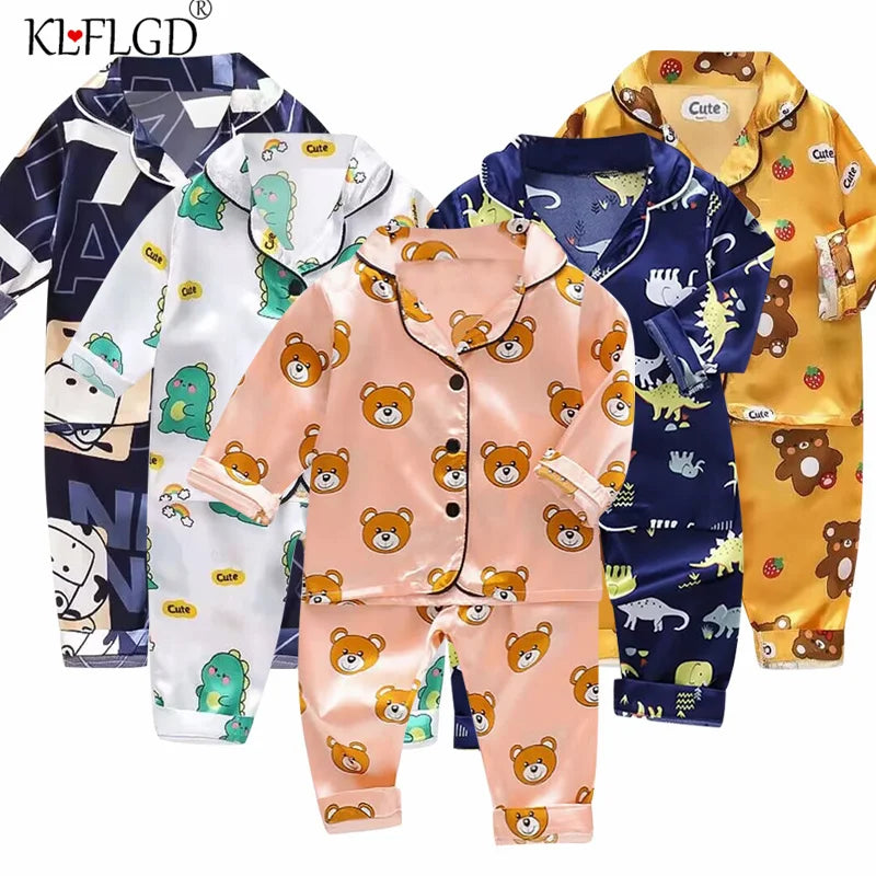 Boys and girls' 0-4-year-old Pajama suit new spring and autumn silk long sleeve trousers Pajama suit comfortable home clothes