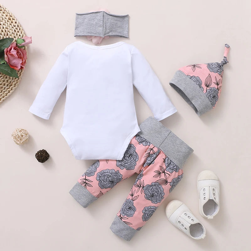 0-18 Months Newborn Baby Girl Clothing Long Sleeve Romper Rose Pant with Hat & Headband Spring 4PCS Outfit Toddler Girl Clothes