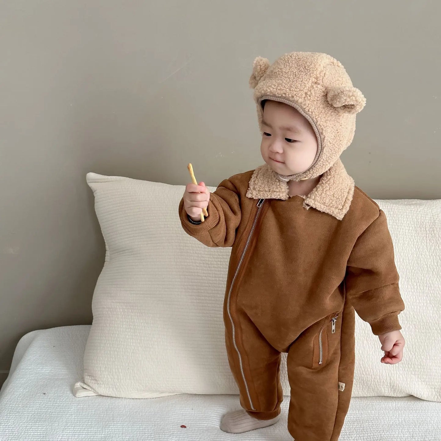 Autumn Winter New Baby Retro Cardigan Fleece Thicken Jumpsuit Girl Infant Solid Plus Velvet One-piece Toddler Boy Cotton Romper