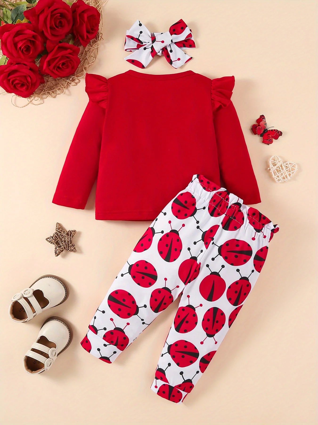 Infant Baby Girl 3Pcs Clothes Set Ladybugs Print Long Sleeve Crew Neck Sweatshirt + Bow Pants + Headband