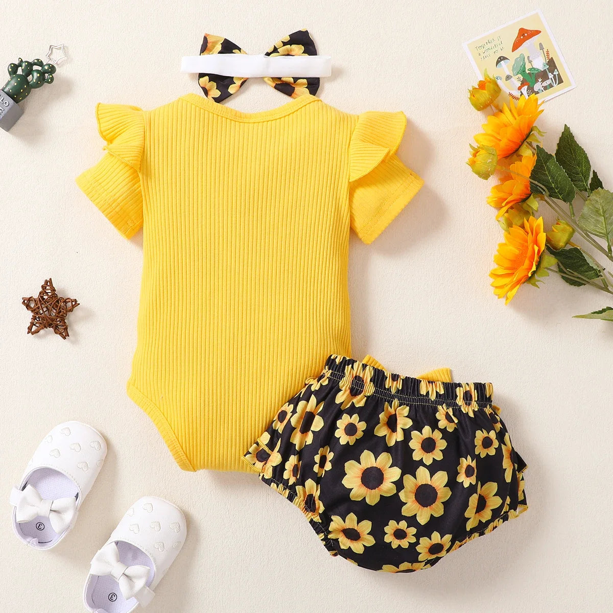 Summer Newborn Baby Girl Clothes Set Yellow Ruffled Ribbed Bodysuit Floral Shorts Headband Infant Fashion 3Pcs Clothing Set